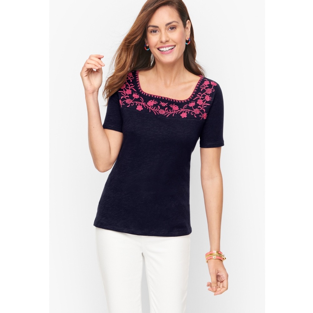 Talbots Embroidered Top S Navy Pink Square Neck Slub Tee Coastal Preppy Boho
